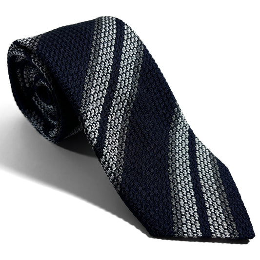 Navy Blue & White Striped Silk Grenadine Tie (Garza Grossa)